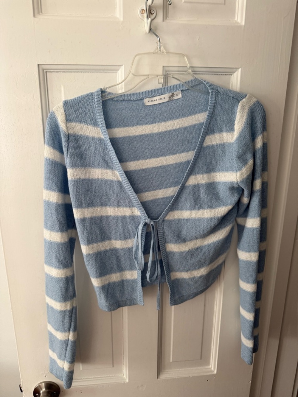 Altar'd State Blue and White Striped Tie-Front Cardigan